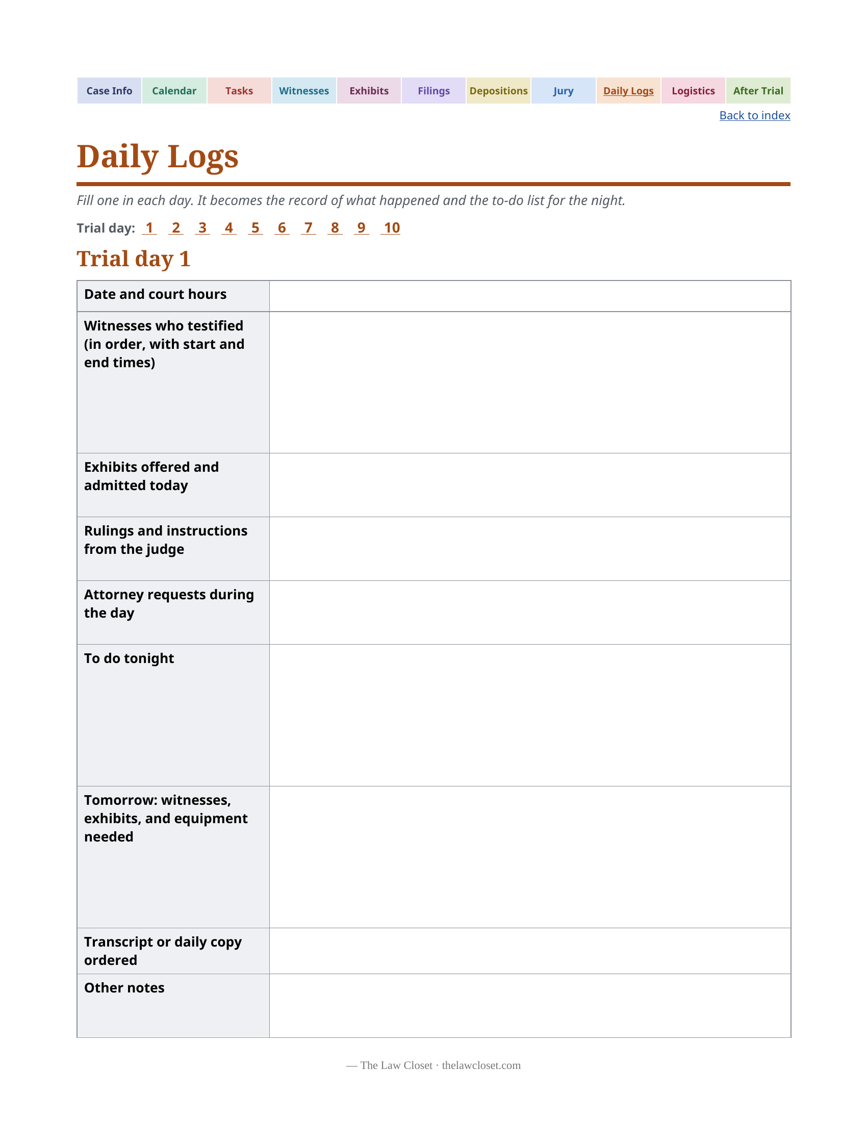 Trial notebook daily log page for trial day 1
