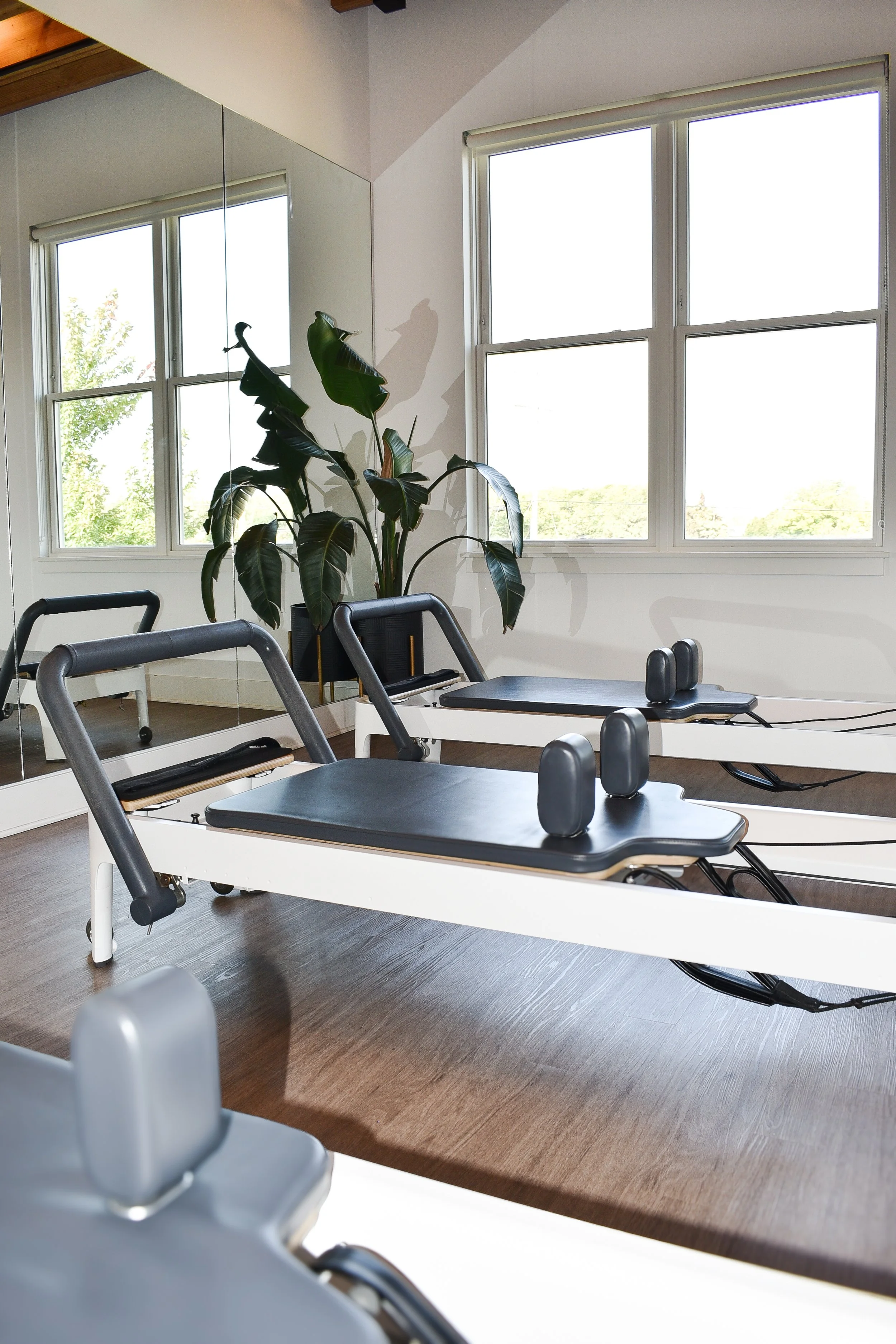 A Pilates studio with reformer machines, a large mirror, and a large window letting in natural light. There is a potted plant near the window and the floor is made of light wood.