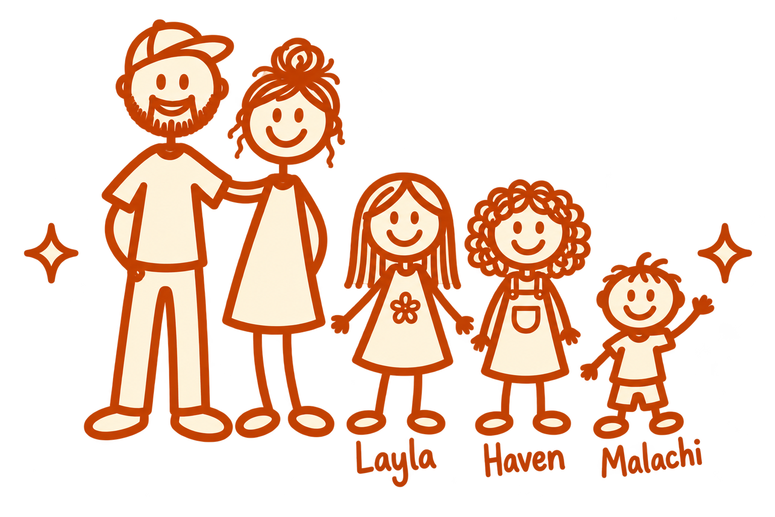 A line drawing of a happy family of five, including a father, mother, daughter, granddaughter, and young boy, all smiling and holding hands, with sparkles around them.
