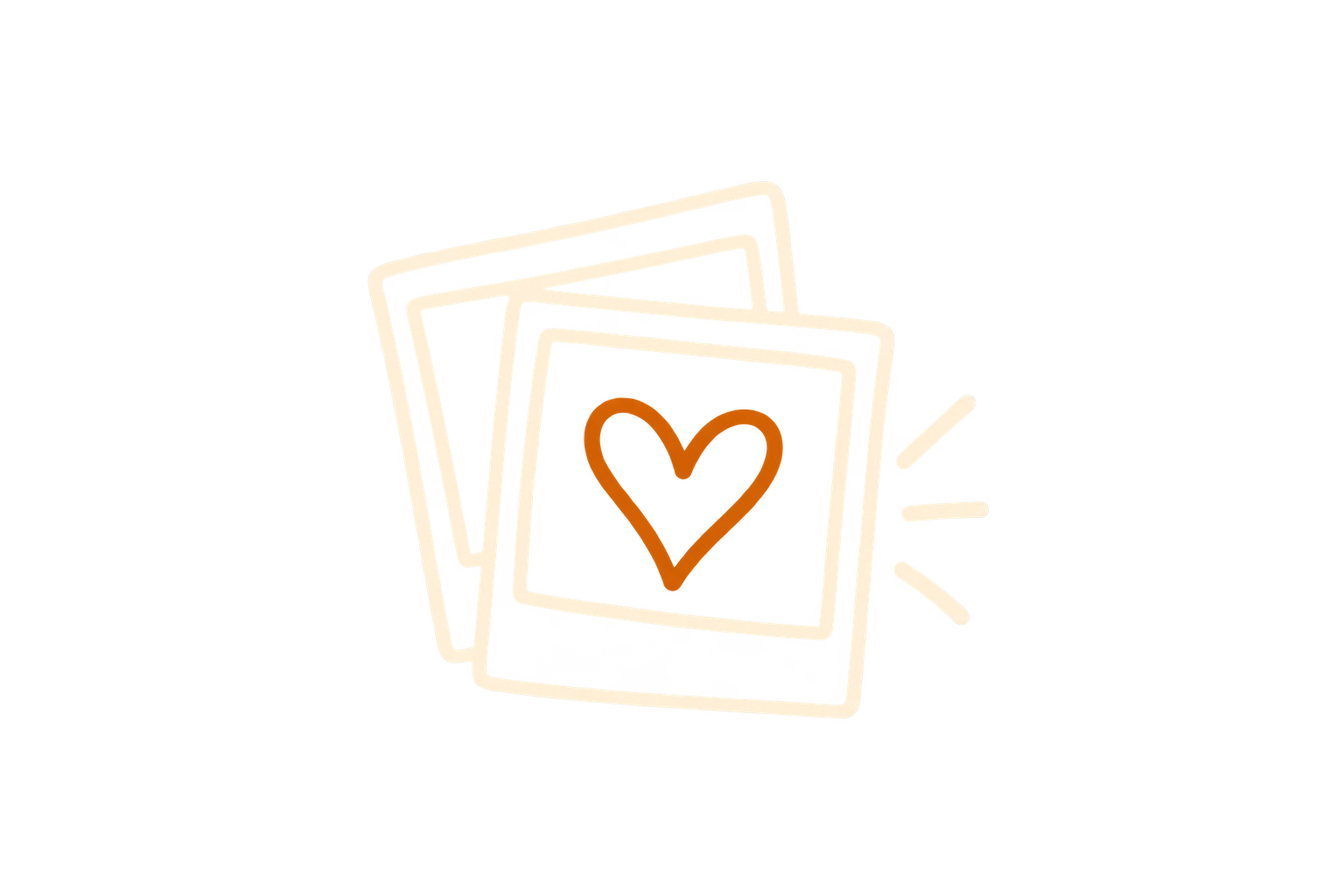 Illustration of several Polaroid-style photos, with one photo showing an orange heart symbol.