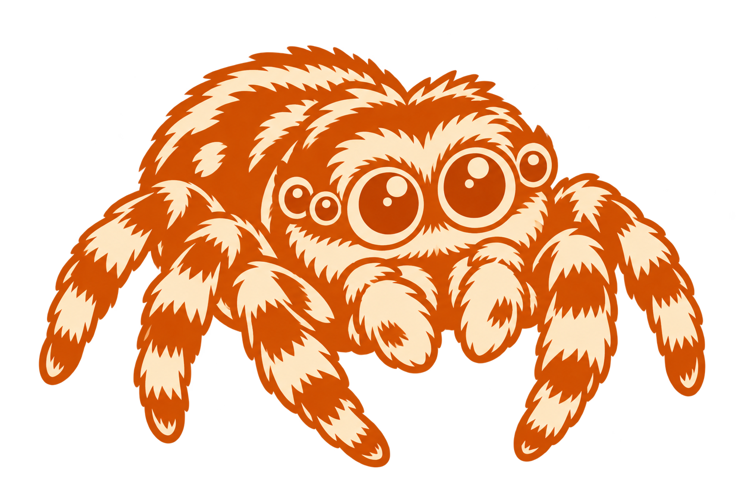 Cartoon drawing of a spider with large, shiny eyes and fluffy fur.
