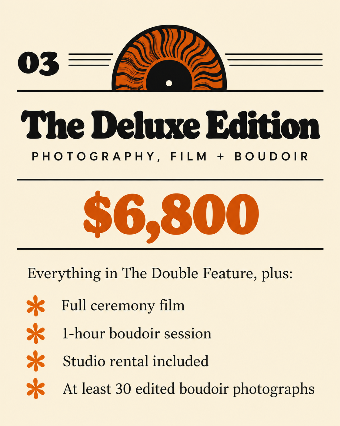 A promotional flyer for The Deluxe Edition photography, film, and boudoir package priced at $6,800, including full ceremony film, a 1-hour boudoir session, studio rental, and at least 30 edited boudoir photographs.