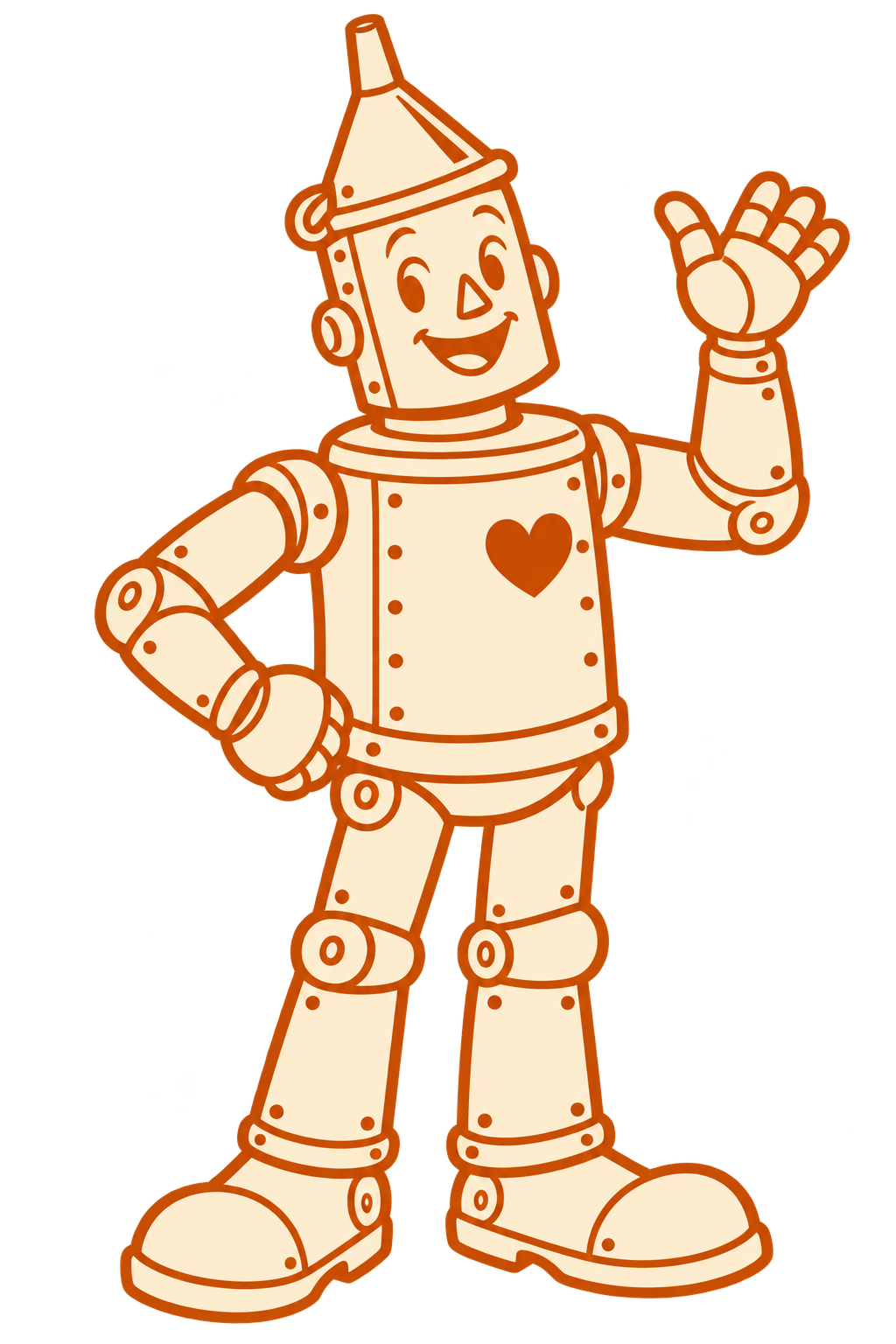 A cartoon robot with a smiling face, waving, and wearing a shirt with a heart on it.
