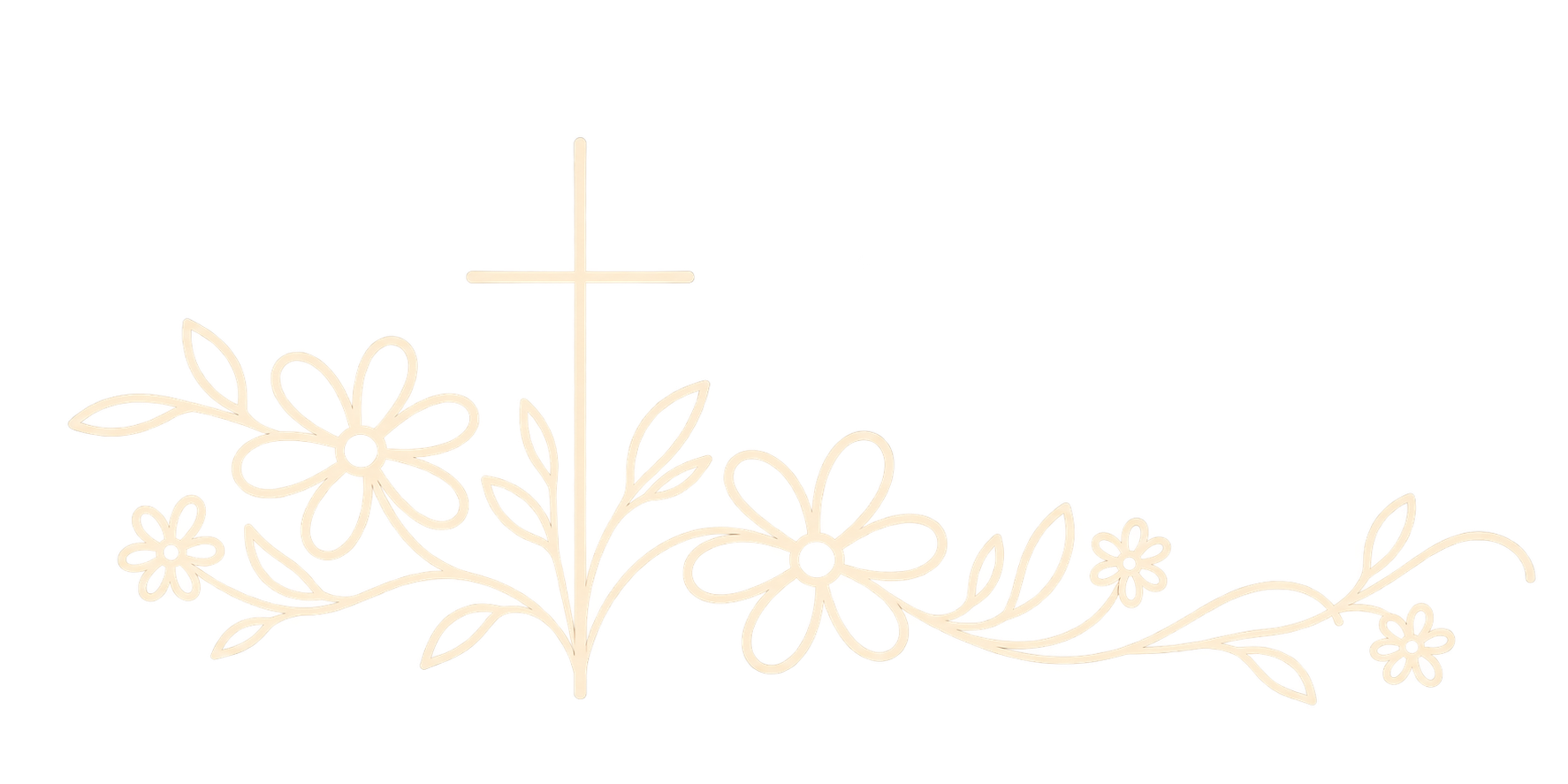 Illustration of a cross surrounded by flowers and leaves.
