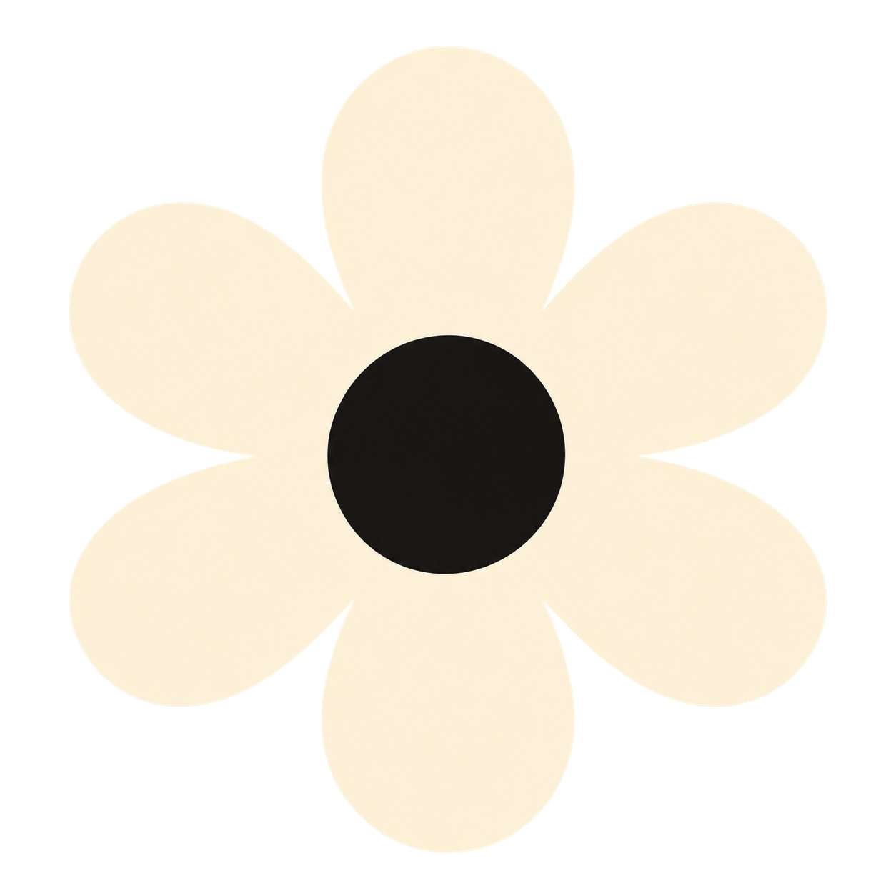 A stylized cream-colored flower with five rounded petals and a black circular center.