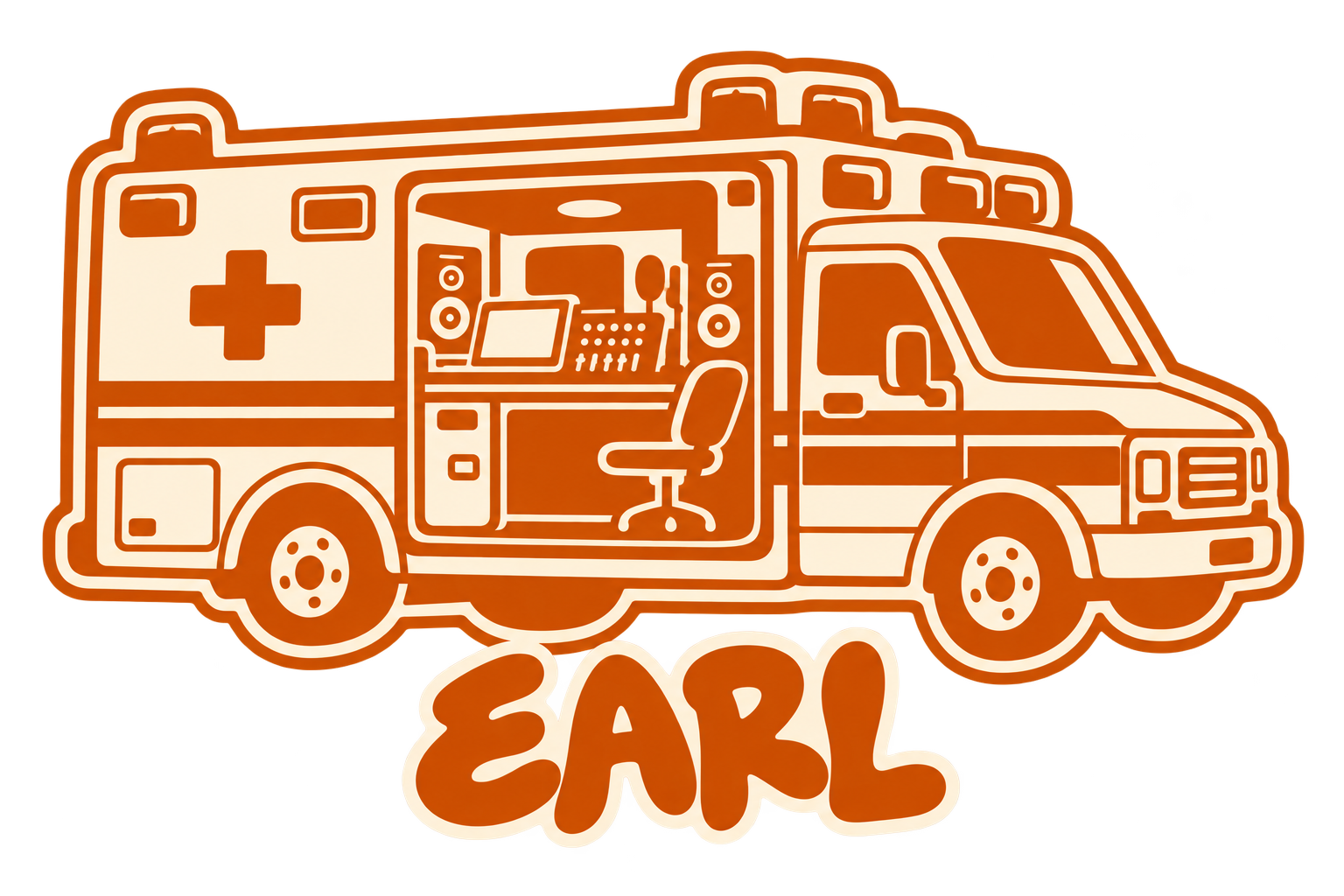 Illustration of an ambulance with medical equipment inside, featuring a red cross symbol and the word 'EMERGENCY' below.
