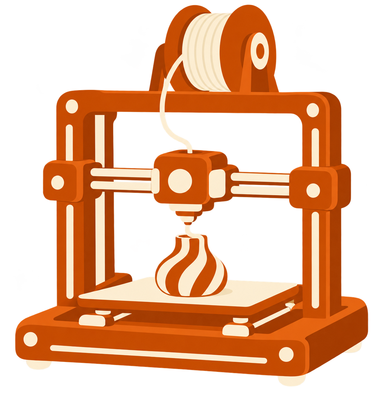 3D illustration of a desktop 3D printer printing a swirled ice cream cone.