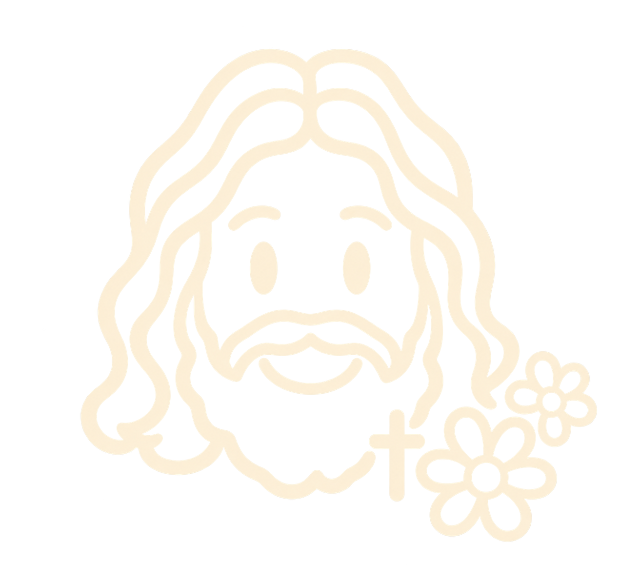 Outline of a dog with long, wavy hair, a cross, and a cluster of five small flowers.