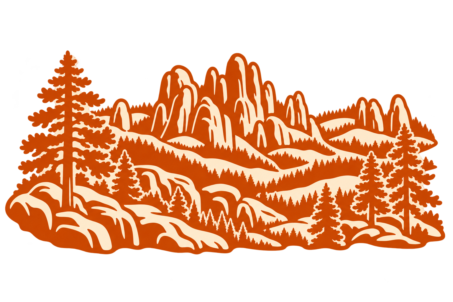 A stylized landscape scene of mountains, trees, and waterfalls in a silhouette style.