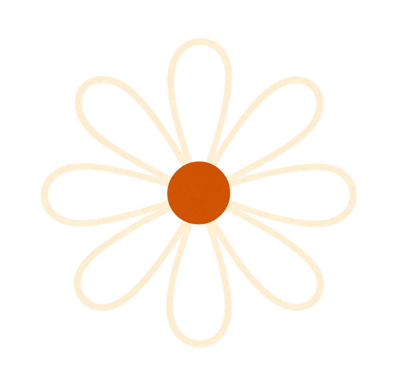 A stylized daisy with white petals and an orange center on a light yellow background.