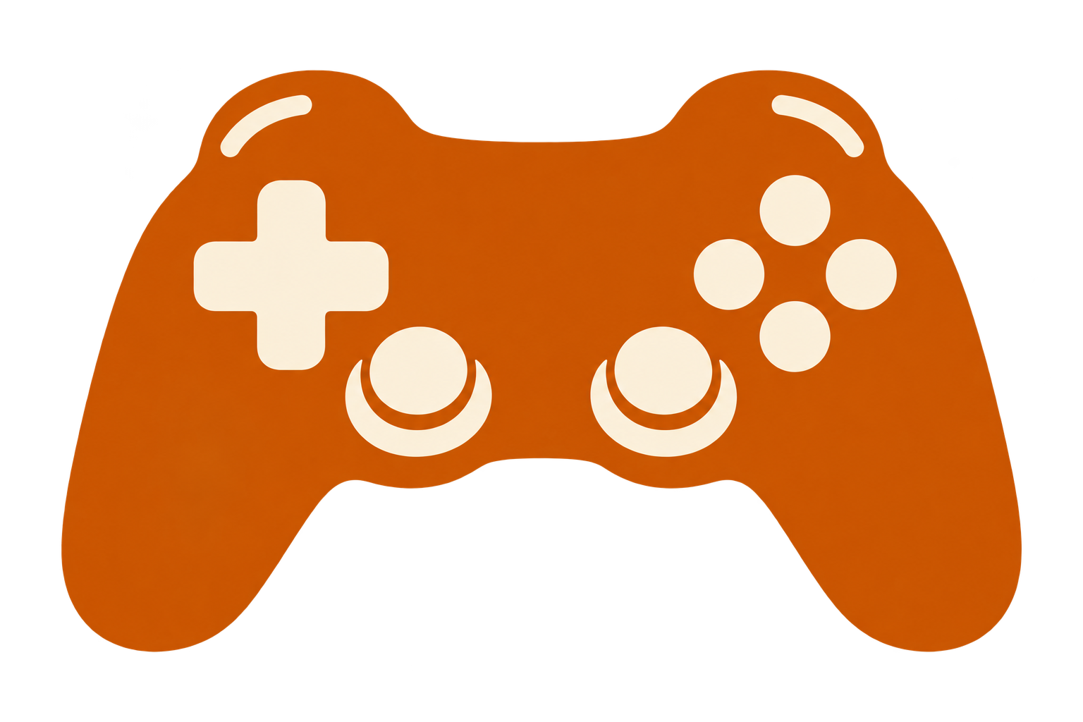 Illustration of a video game controller with a brown color and simple design, featuring a directional pad on the left and four buttons on the right.