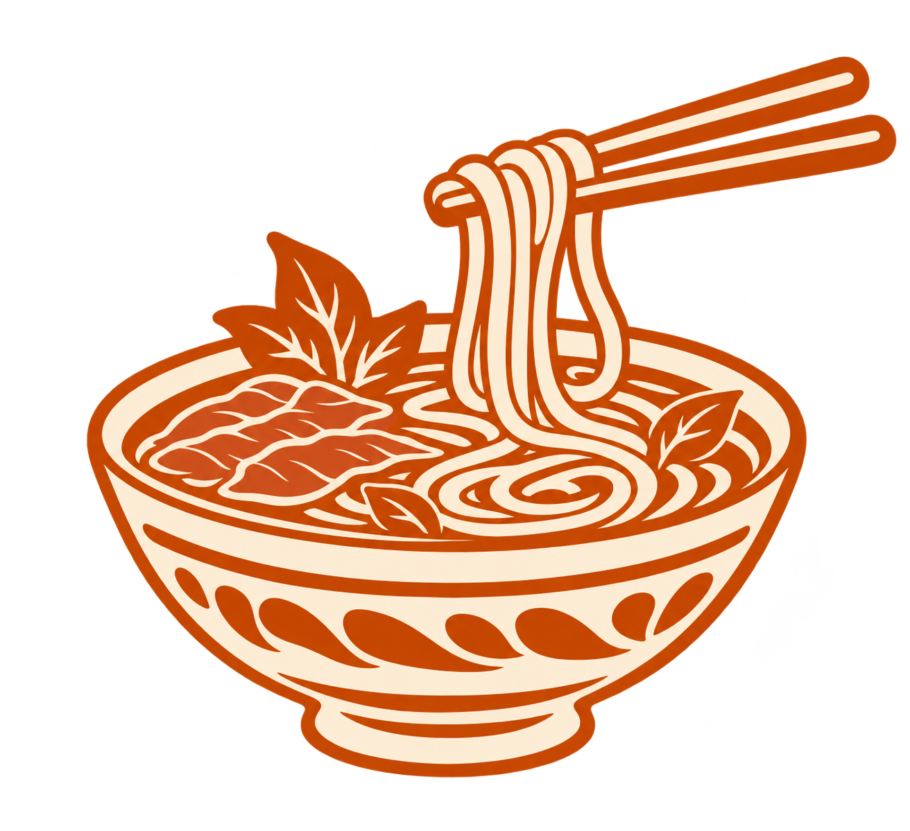 Illustration of a bowl of ramen with noodles, leafy greens, and chopsticks.