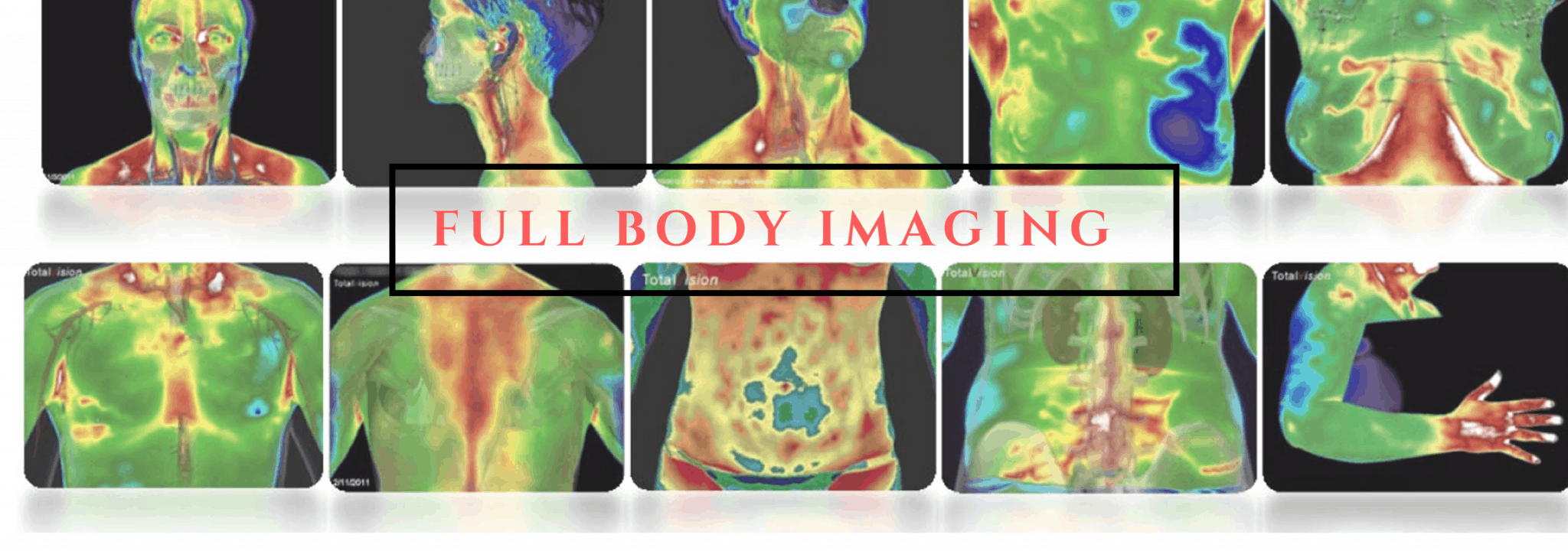 Full-body medical thermography scans showing front, side, back, head, torso, and arm views