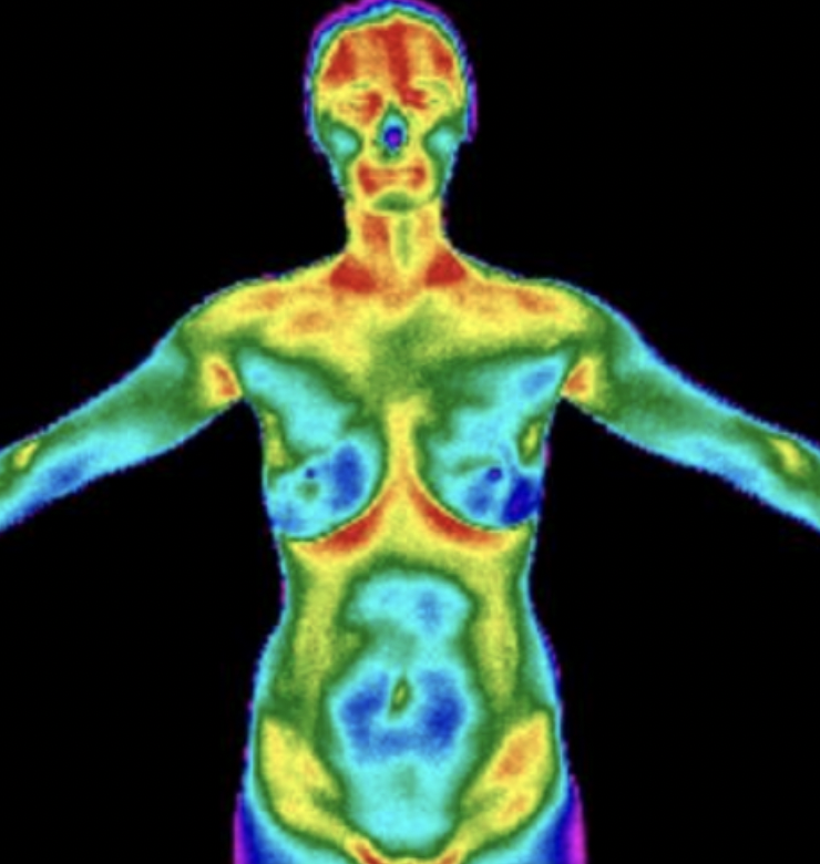 Thermal image of a human female with arms outstretched, showing different body temperature zones in colors from blue to red.