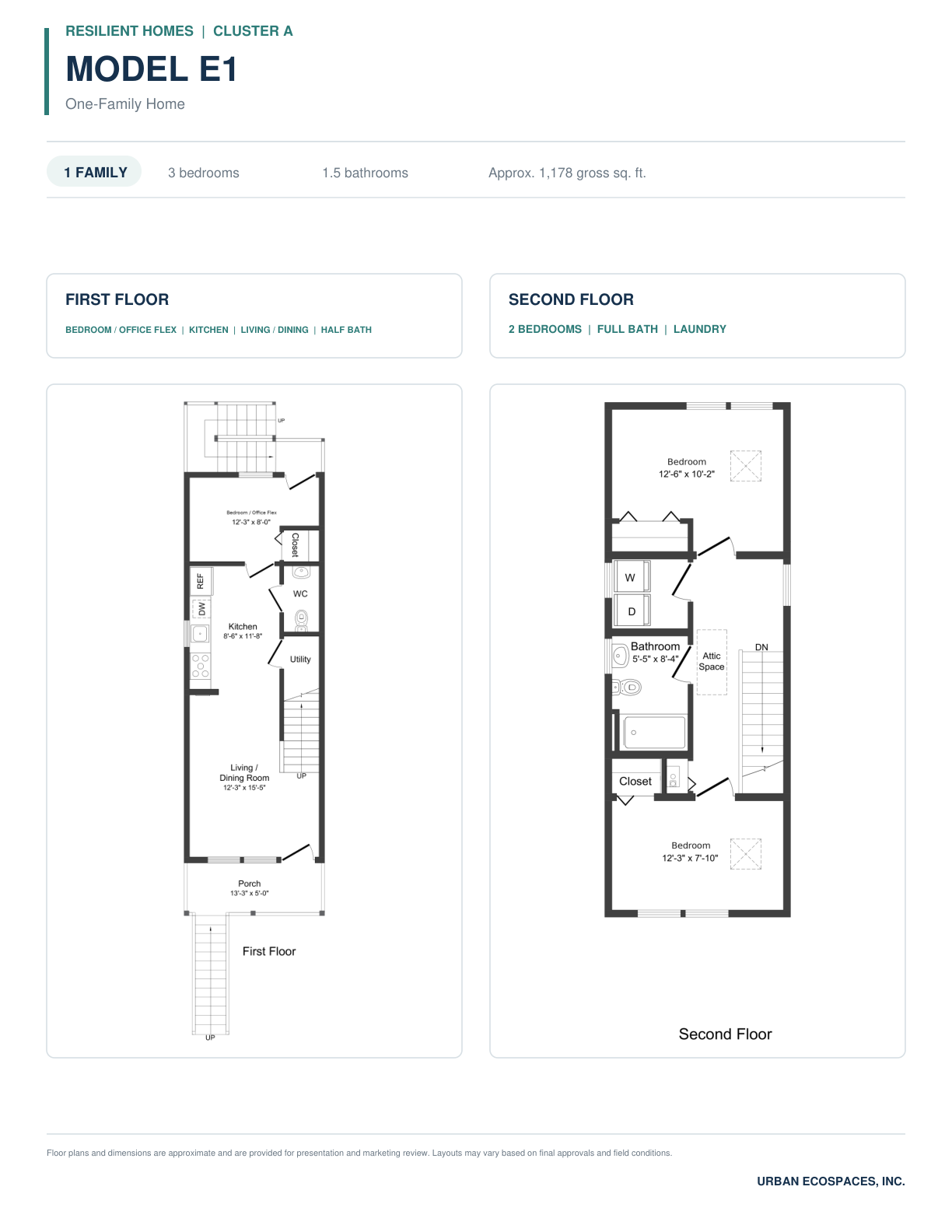 MODEL E1
3 bedrooms · 1.5 bathrooms
Approx. 1,178 gross sq. ft.