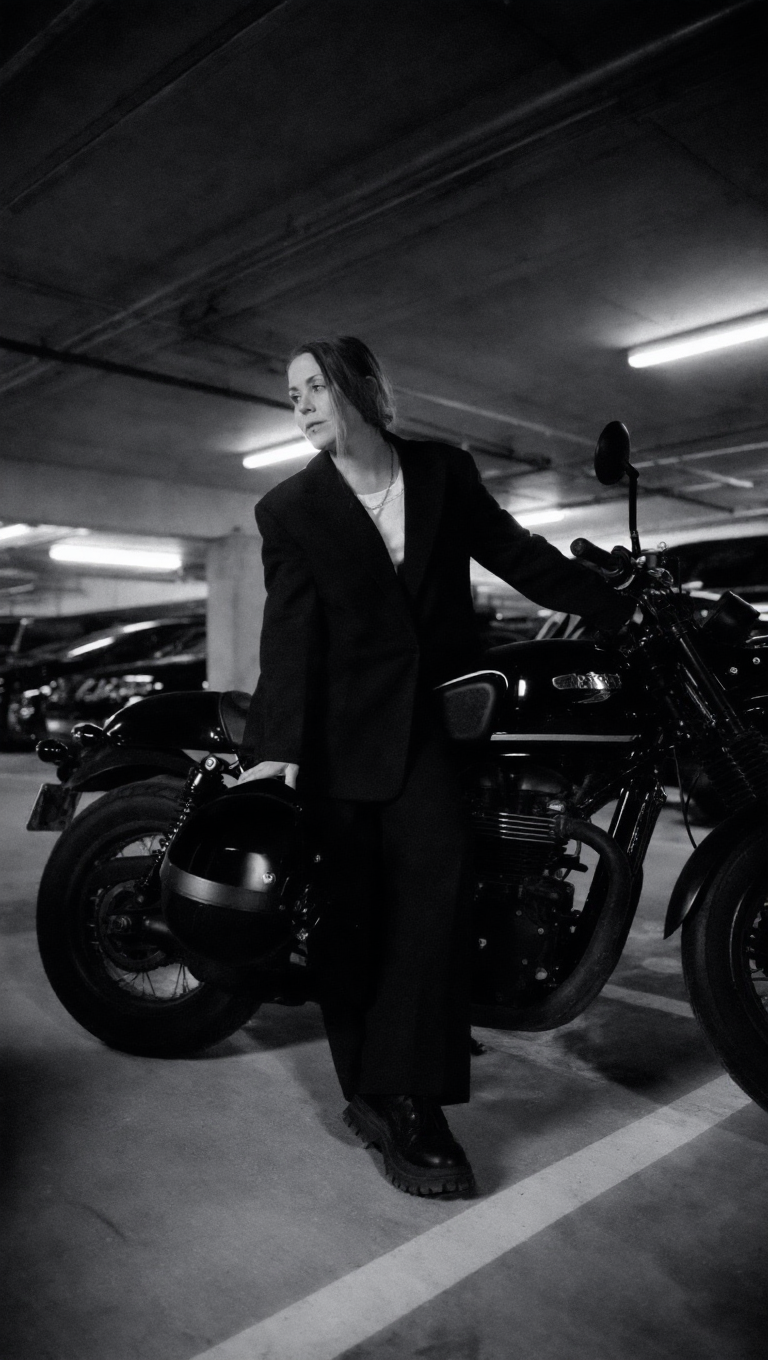 A woman dressed in a black suit standing beside a motorcycle in a dimly lit underground parking garage.