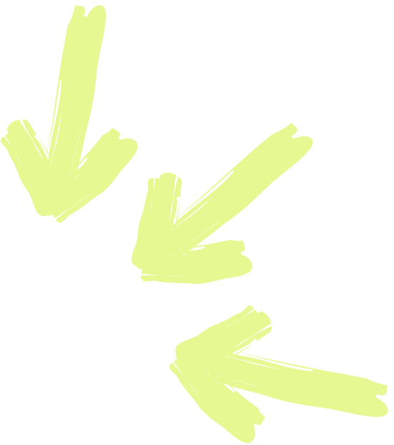 Three neon yellow arrows pointing downward and to the right on a transparent background.