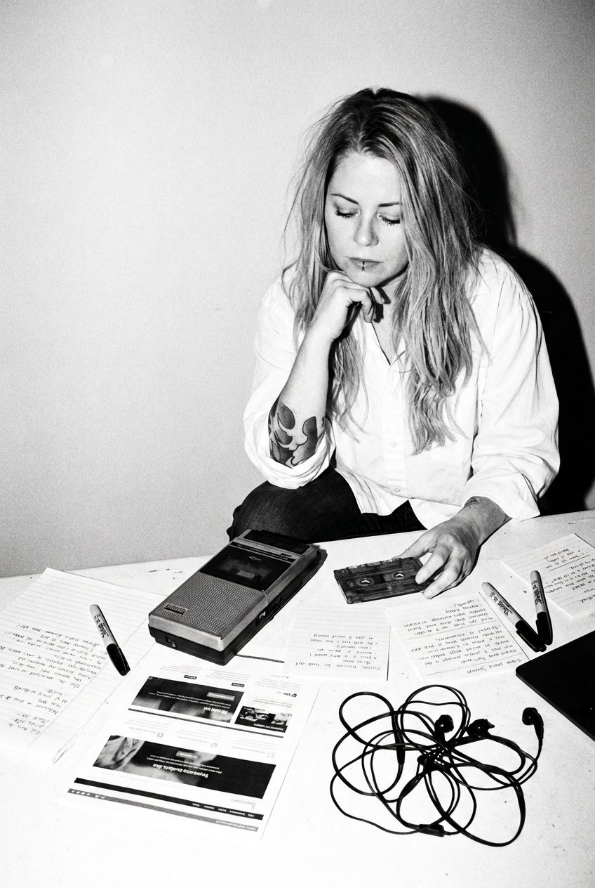 A woman with long, wavy hair and tattoos on her left arm, sitting at a cluttered table with papers, pens, a cassette tape, a tape recorder, and tangled earphones, appearing deep in thought.
