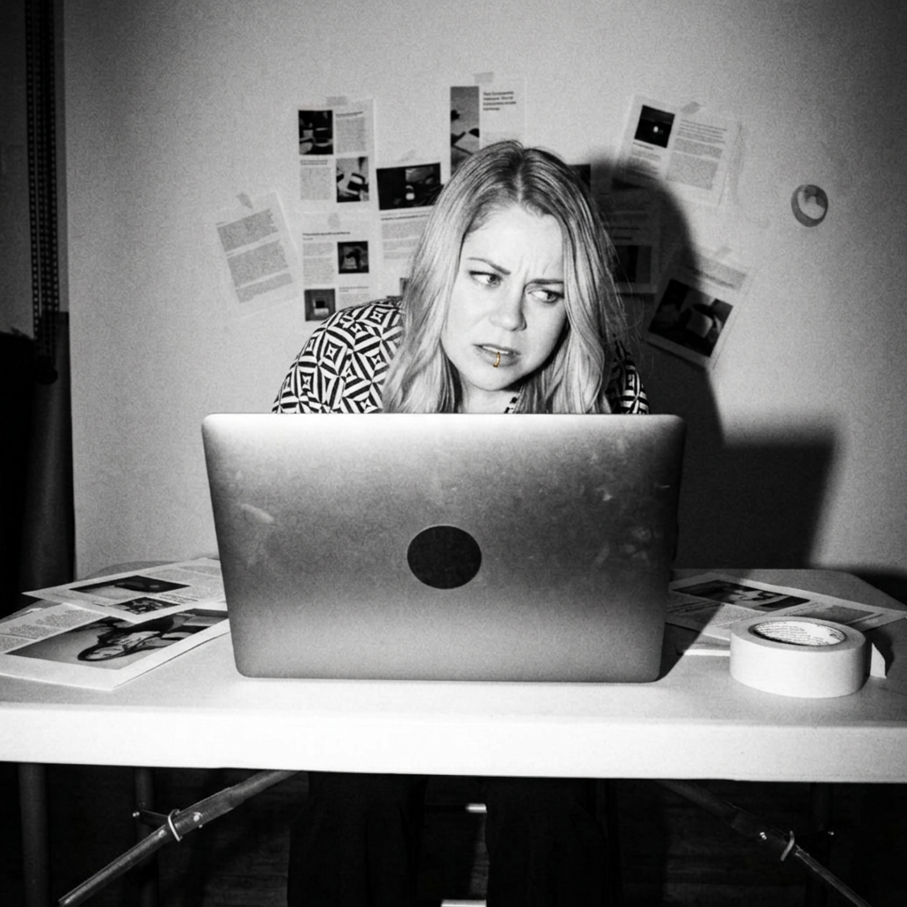 A woman sitting at a desk, looking frustrated or confused while working on a laptop. Various papers and a roll of tape are on the desk. The background has a wall with pinned papers and notices.