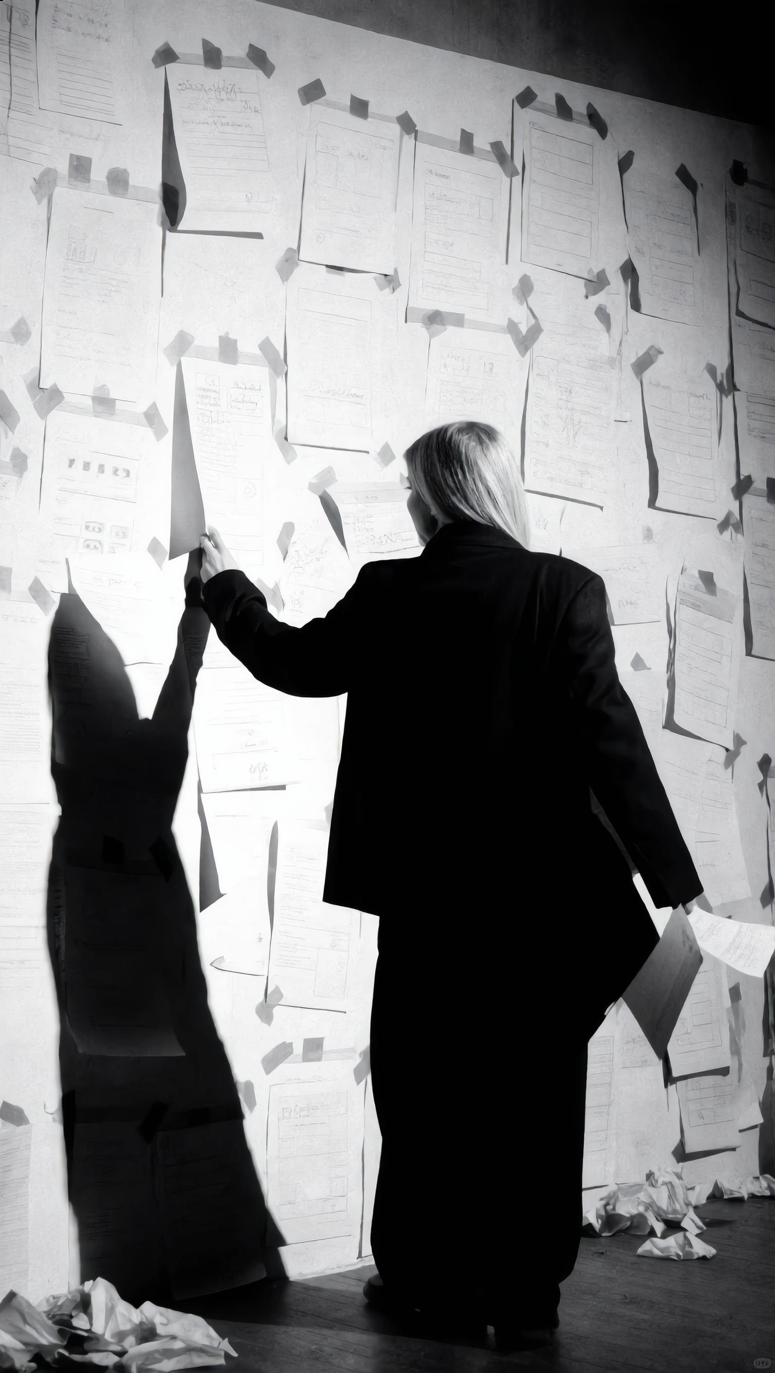 Woman in a dark suit and glasses reviewing papers on a large wall covered with notes taped to it. The scene is in black and white.