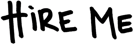 Text reading 'hire me' written in black on a transparent background