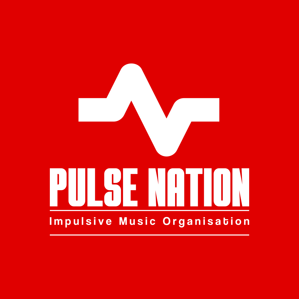 Logo avec une ligne blanche en forme de vague sur fond rouge, texte blanc 'PULSE NATION' en dessous, sous-titre 'Impulsive Music Organisation'.