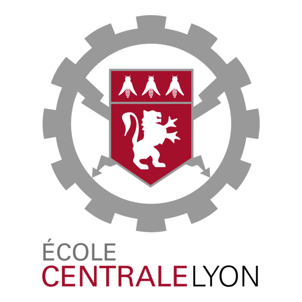 Logo de l'École Centrale de Lyon avec un écusson rouge, une lionne, et une roue dentée grise en arrière-plan, avec le texte "École Centrale Lyon" en dessous.