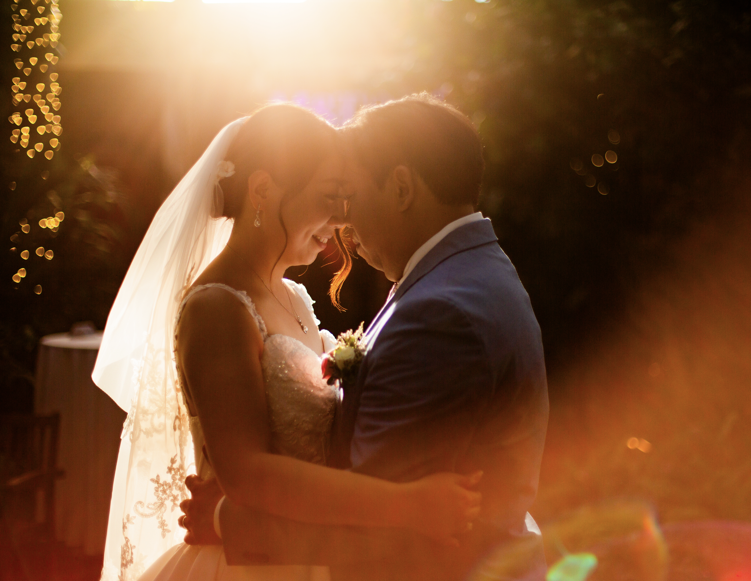 A bride and groom sharing a kiss during their wedding, with the bride wearing a wedding dress and veil and the groom in a suit, illuminated by bright sunlight.