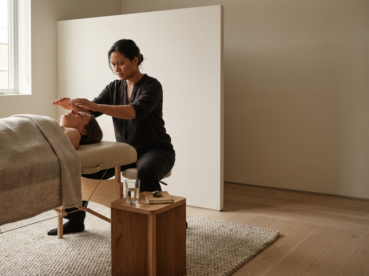 A woman receiving a treatment or therapy from a practitioner in a serene, well-lit room with a glass of water and a notepad on a small wooden table.