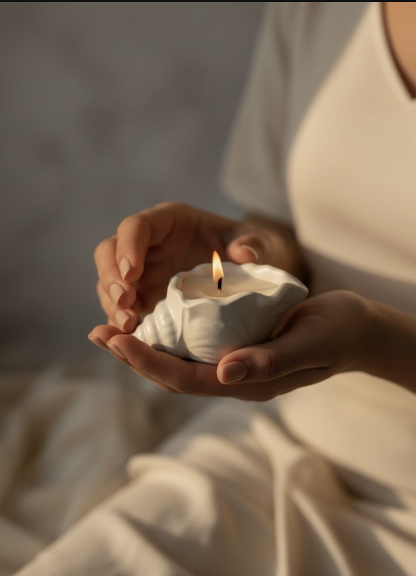 Woman holding a lit candle in a quiet room before a medium reading