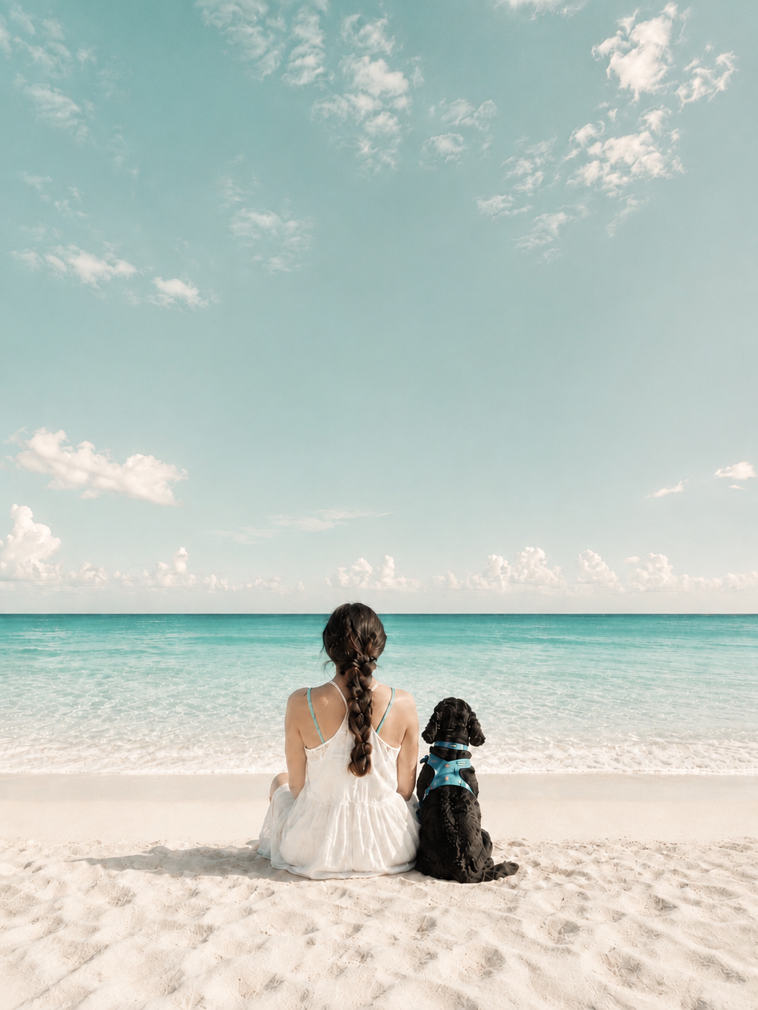 A woman with braided hair sitting on the beach next to a black dog with a blue harness, facing the ocean with a clear sky and clouds overhead.
