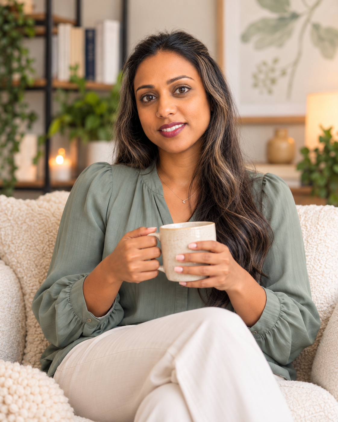 A woman with long wavy hair and a nose ring sitting on a beige sofa, holding a mug, smiling at the camera, with a background of bookshelves, plants, and warm lighting.