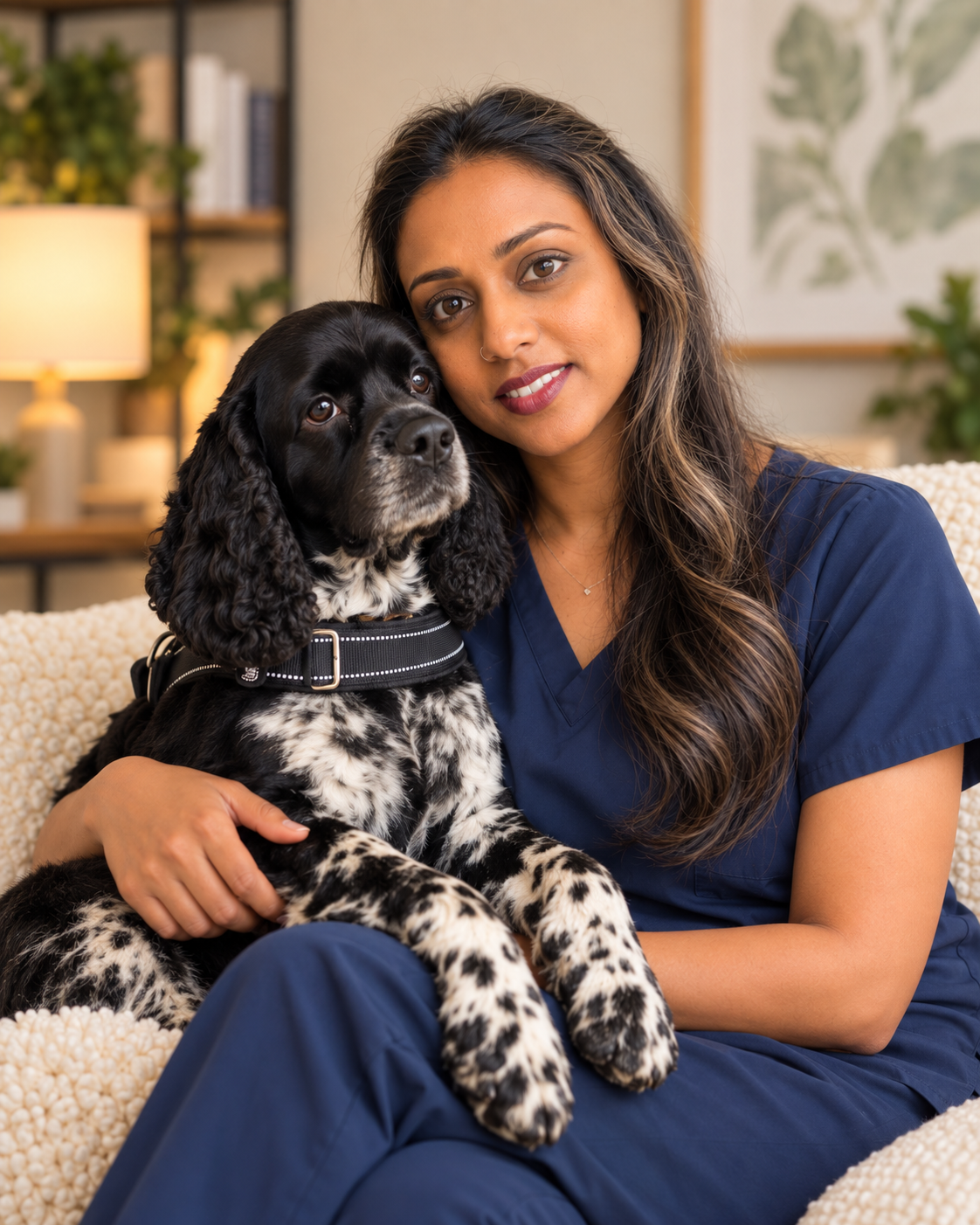 A woman in navy scrubs sitting on a beige sofa, holding a black and white spaniel dog, both looking at the camera in a cozy living room with warm lighting, plants, and artwork.