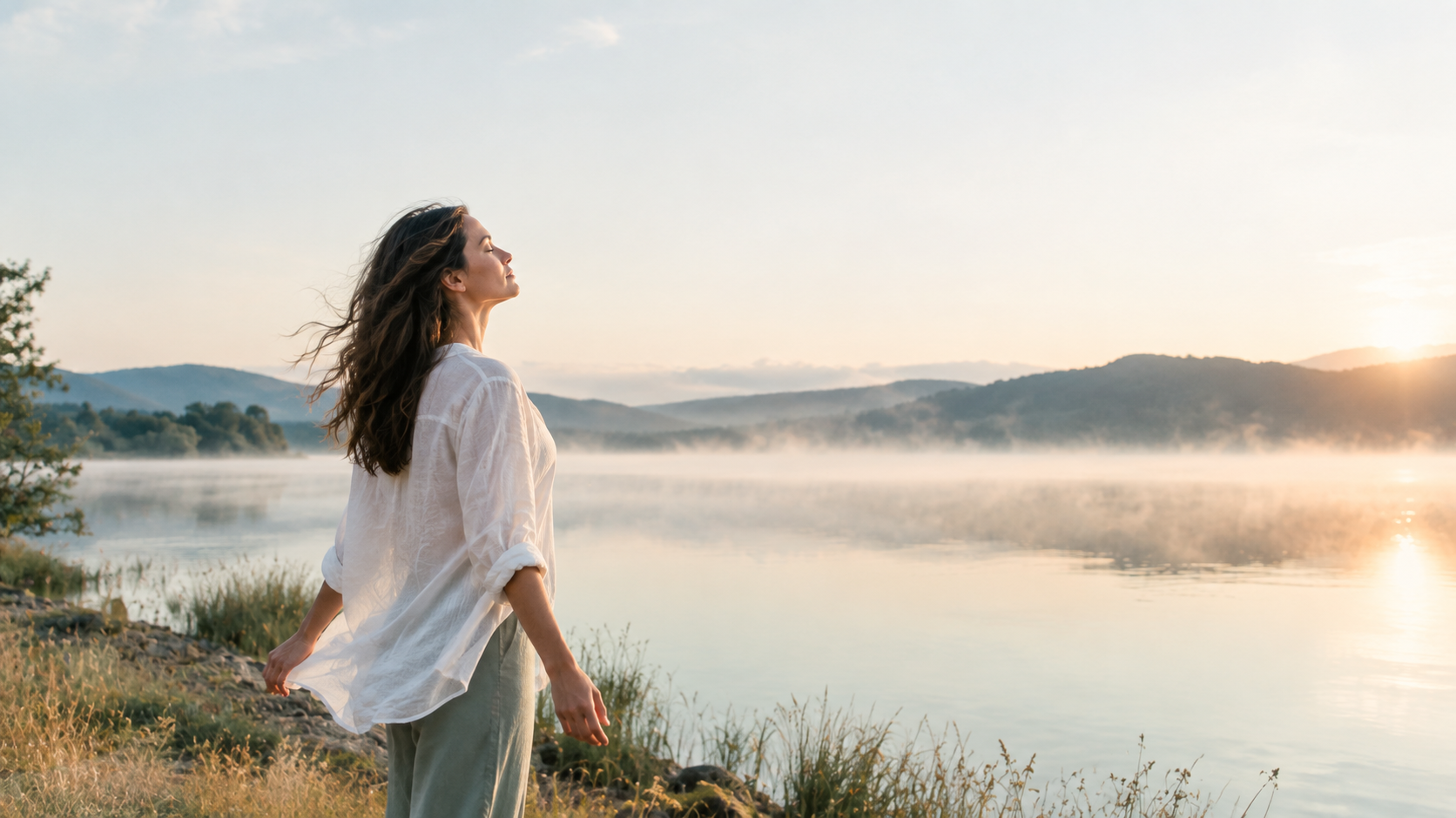 A woman standing by a lake during sunrise, with hills in the background, her eyes closed, enjoying the peaceful moment.