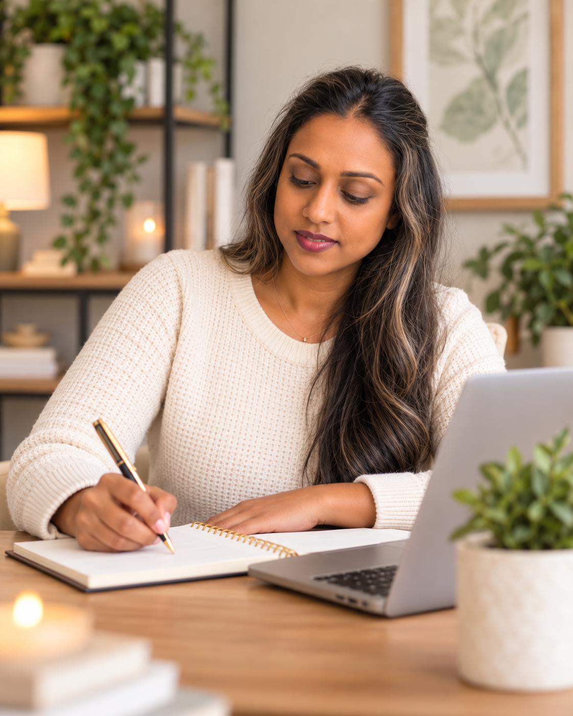 A woman with long wavy hair sitting at a desk, writing in a notebook with a pen, with a laptop in front of her and potted plants and shelves in the background.