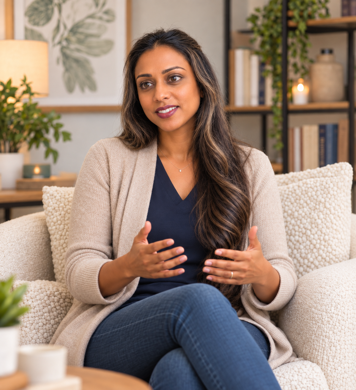 A woman with long wavy hair, wearing a beige cardigan and navy blue shirt, speaks while sitting on a cream-colored sofa in a cozy living room decorated with plants, books, and candles.