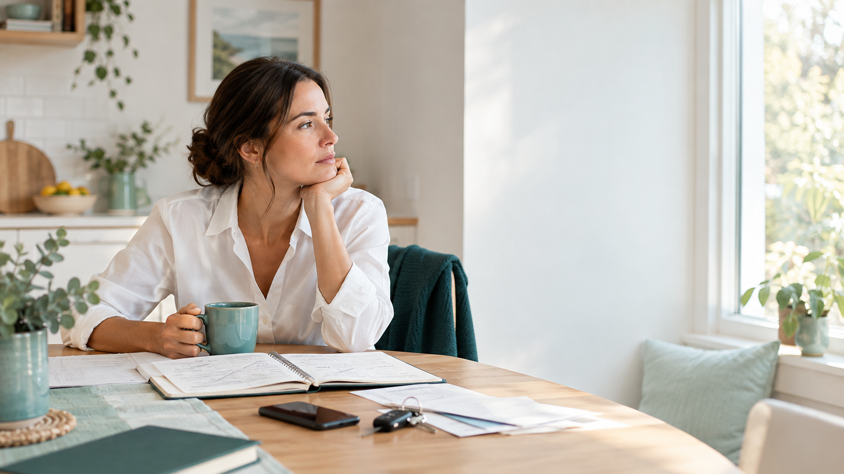 A woman sitting at a wooden table, holding a teal mug, looking thoughtfully out a window in a bright, cozy kitchen with plants and framed art on the wall.