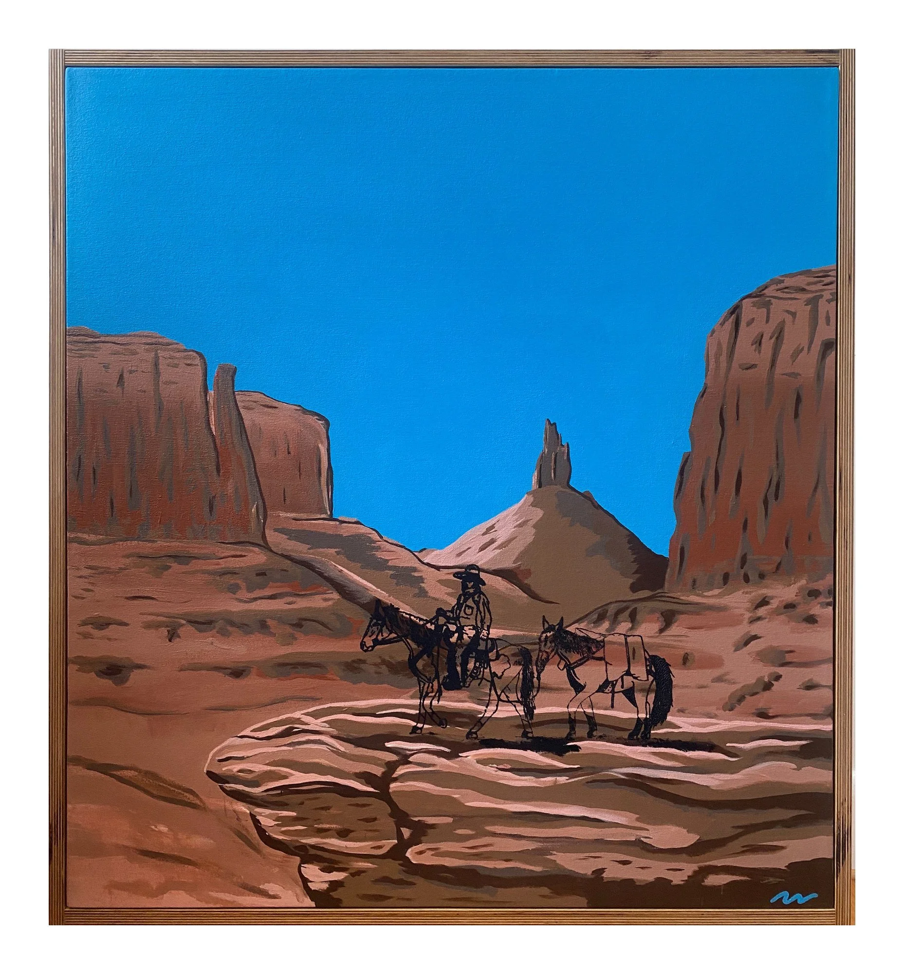 Vamos Camino
2024. Acrylic, oil stick and screen print on canvas, reclaimed wood frame, 38 x 35 in.