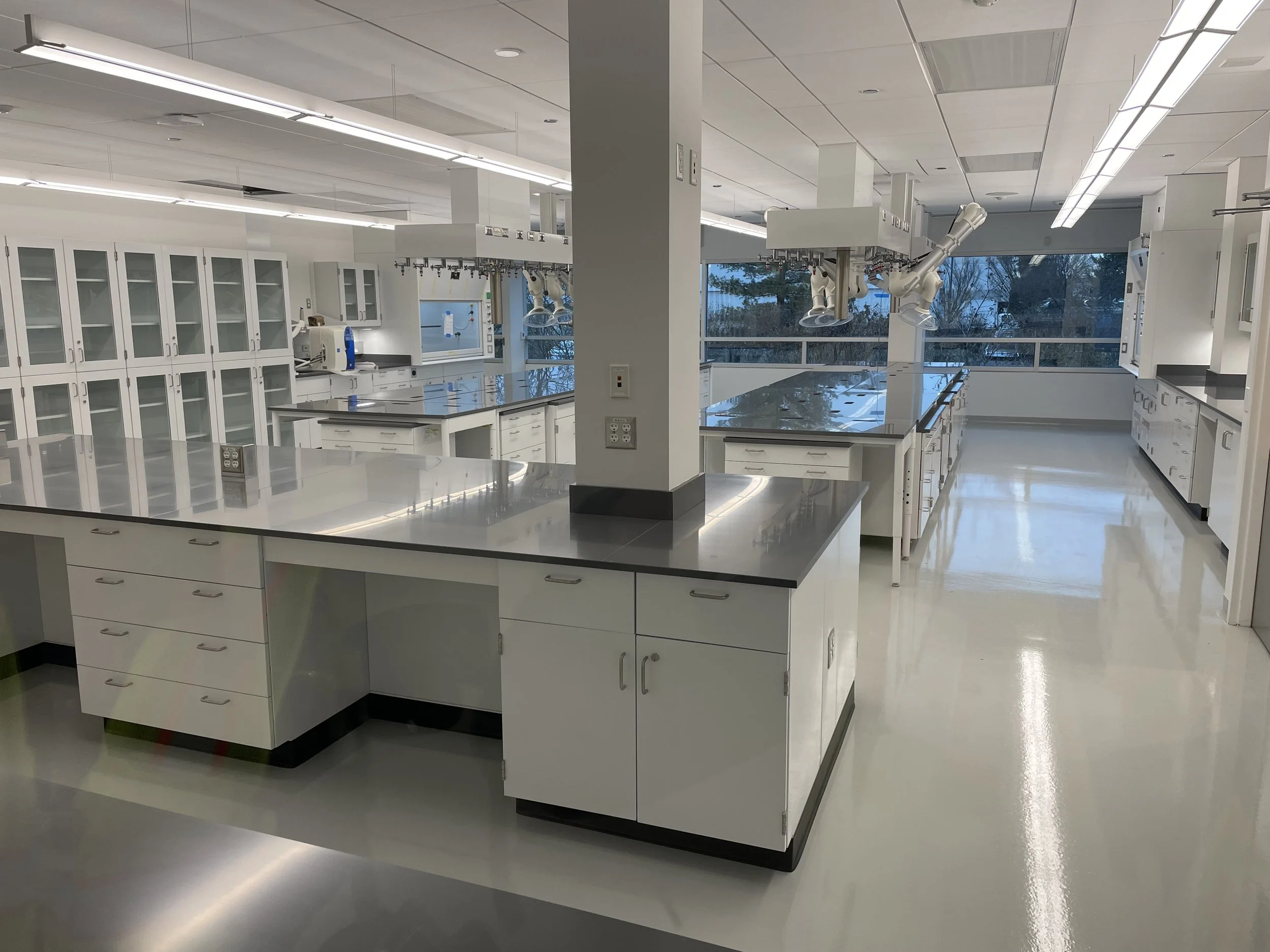 A modern, sterile laboratory with white cabinets, black countertops, and large windows showing trees outside. Multiple ceiling-mounted lights and fume hoods are visible.