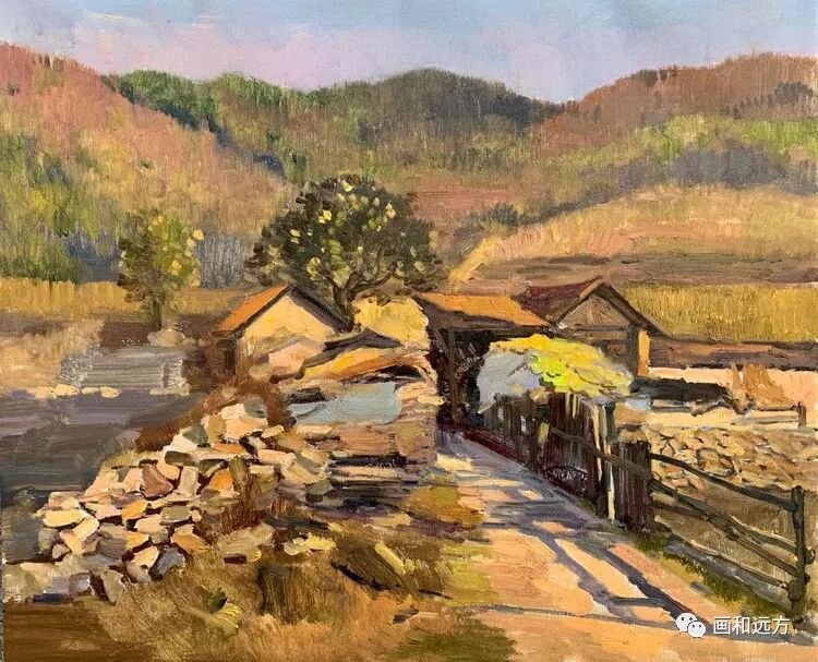 Rural landscape painting with village houses, a stone path, and autumn hills.
