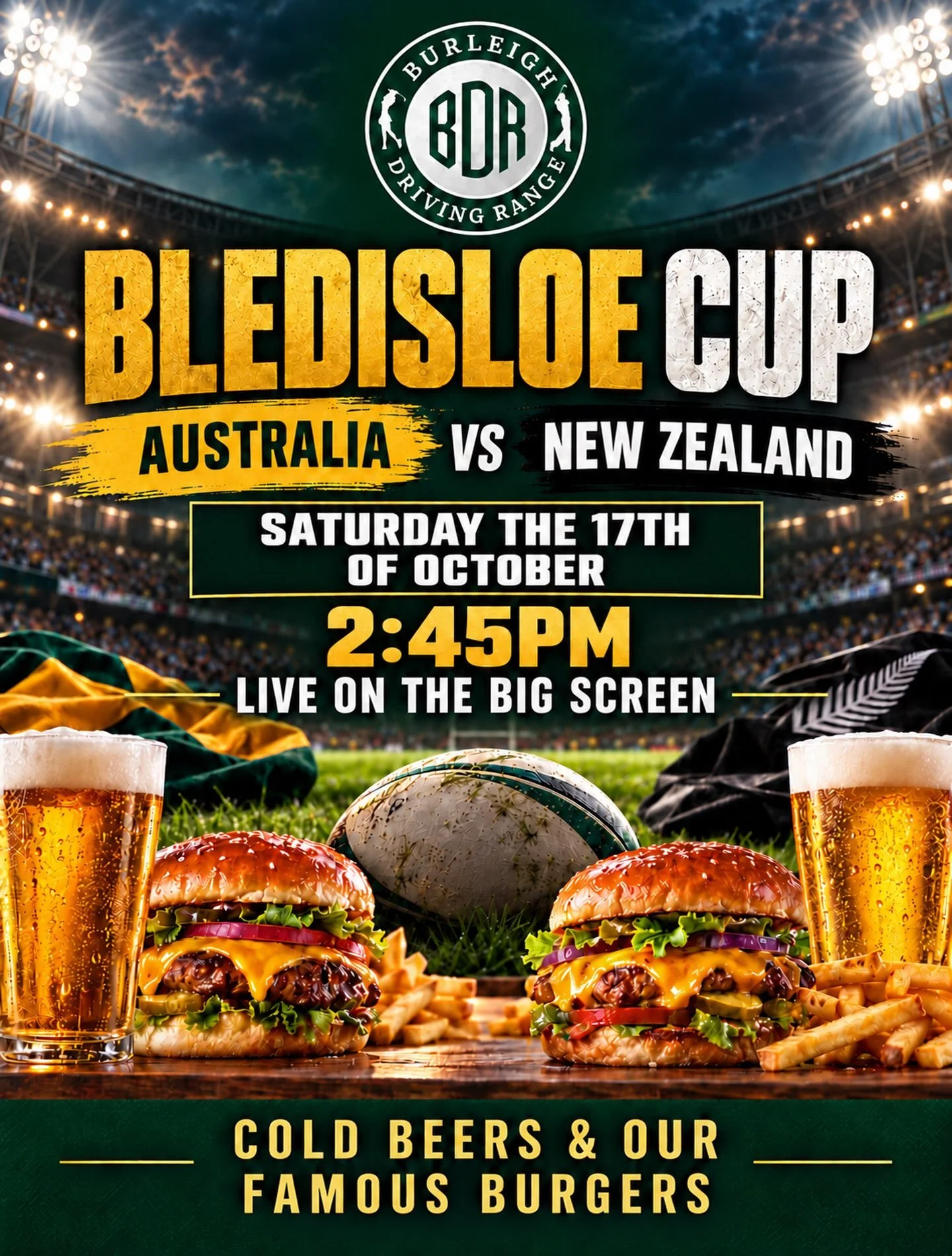 🏉 BLEDISLOE CUP AT BDR! 🇦🇺🇳🇿
Catch Australia vs New Zealand LIVE on the big screen at Burleigh Driving Range!
📅 Saturday the 17th
⏰ 2:45pm
🍻 Cold beers
🍔 Our famous burgers
Round up your mates, grab a feed and settle in for a big afternoon of