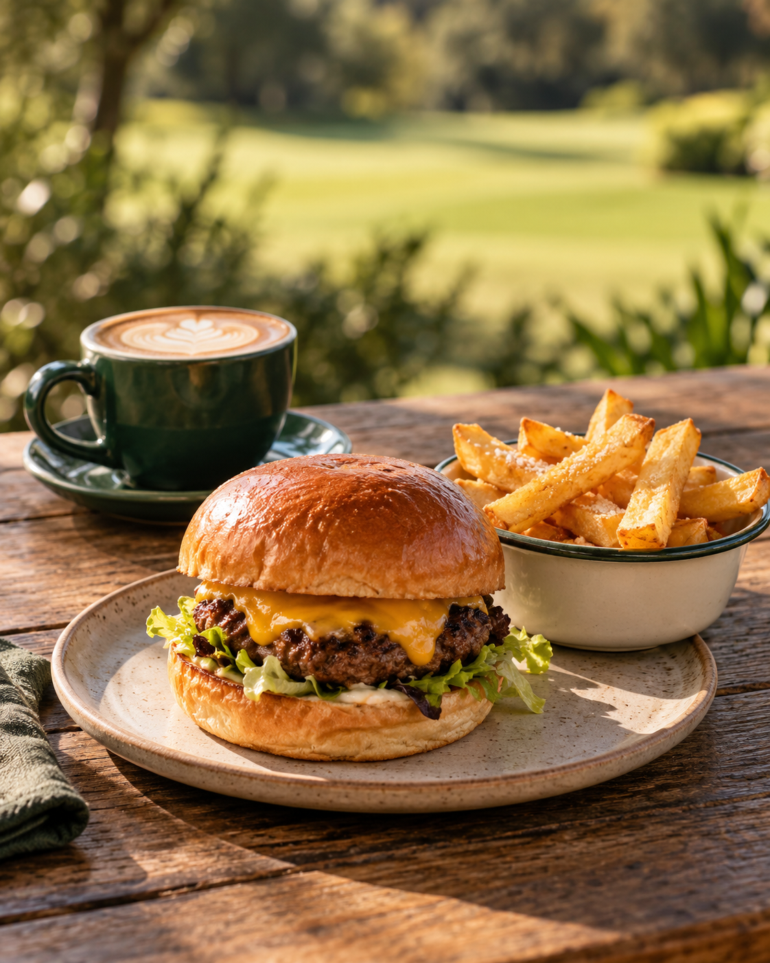 A cheeseburger with lettuce, tomato, and pickles served on a ceramic plate, accompanied by a bowl of French fries with grated cheese, a cup of coffee with latte art, all set on a wooden table outdoors with a green park in the background.