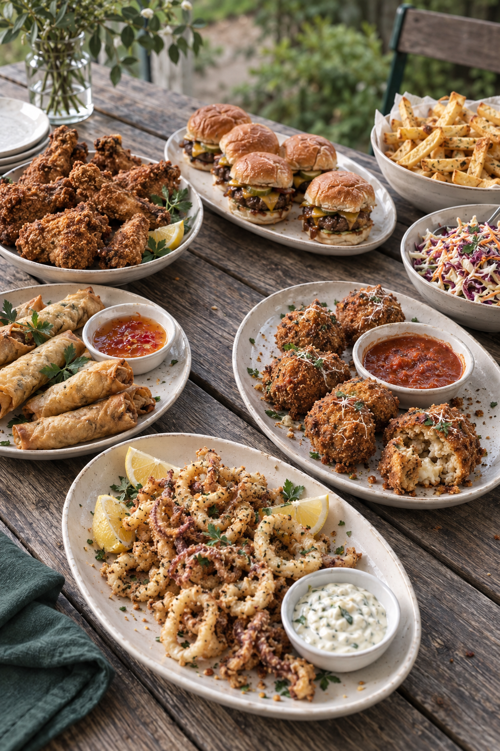 Assorted fried appetizers, sliders, fries, coleslaw, and dipping sauces on a rustic outdoor table.
