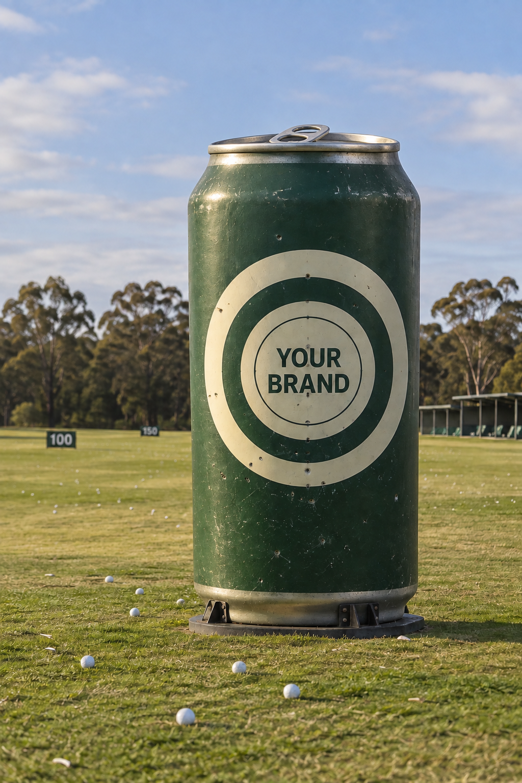 A large green soda can with a white target graphic and the words 'Your Brand' printed on it, placed on a golf driving range with golf balls scattered on the grass and distance markers in the background.