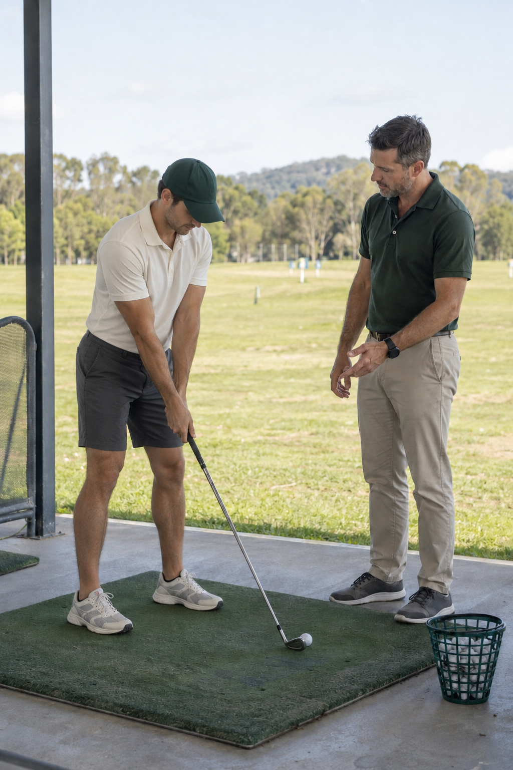 An instructor teaches a young man how to golf at a driving range, with a grassy landscape and trees in the background.