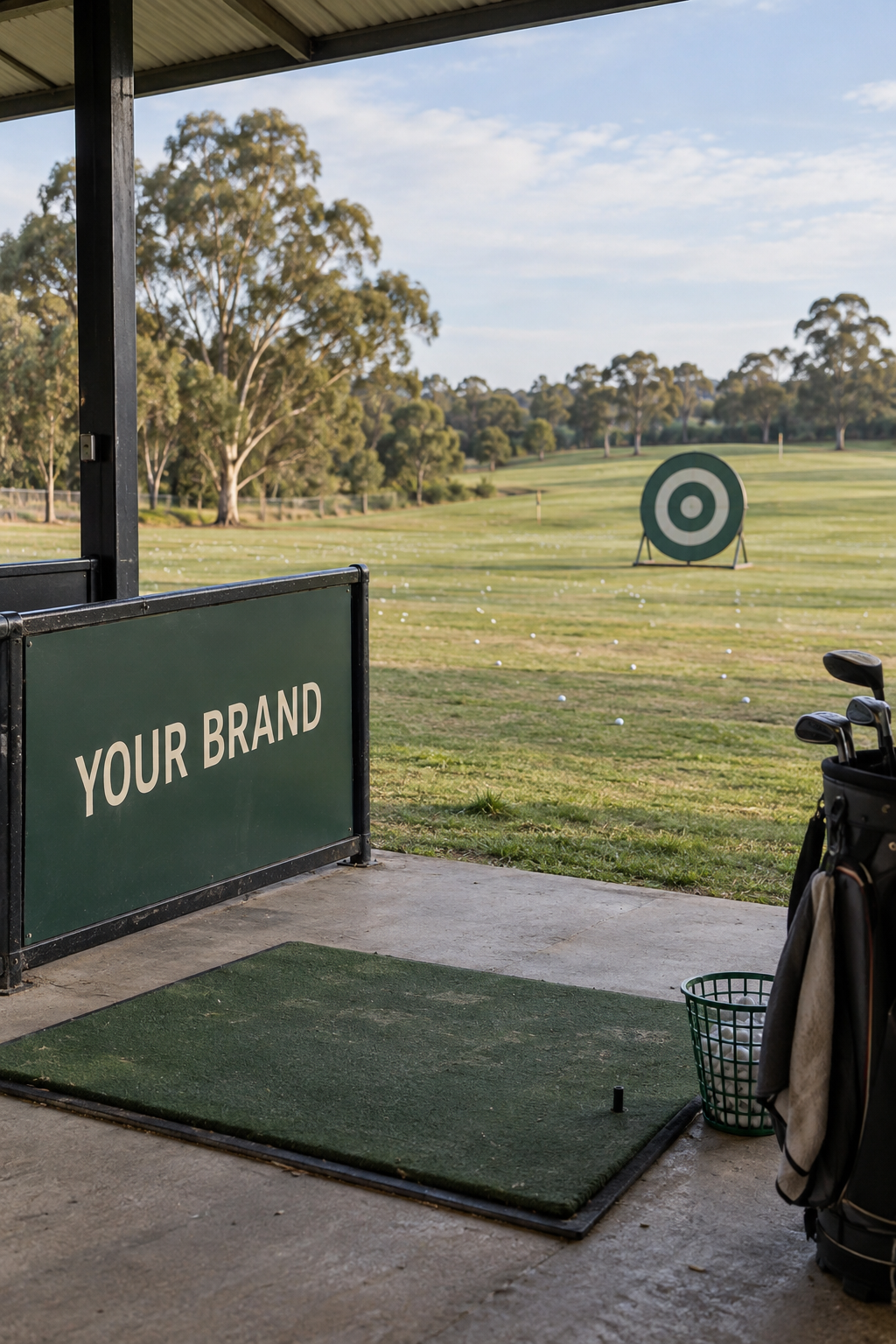 View from a golf driving range station looking out over a grassy golf course with trees in the background. There is a target on the course and a golf bag with clubs on the right side.