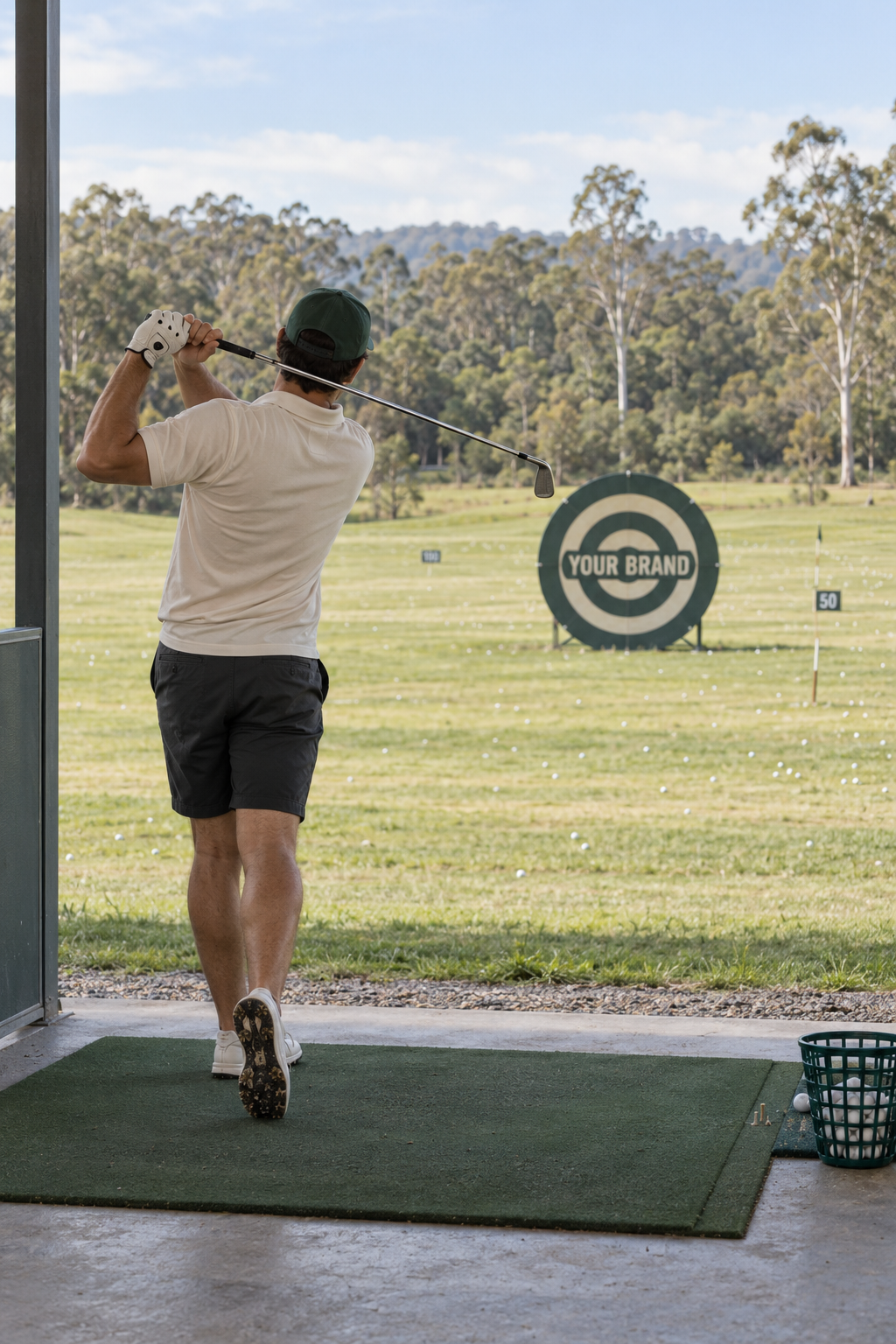 A man wearing a beige polo shirt, black shorts, a green cap, and a golf glove is swinging a golf club at a driving range. In the background, there is a large target with the words 'Your Brand' on it, set against a landscape of trees and a blue sky.