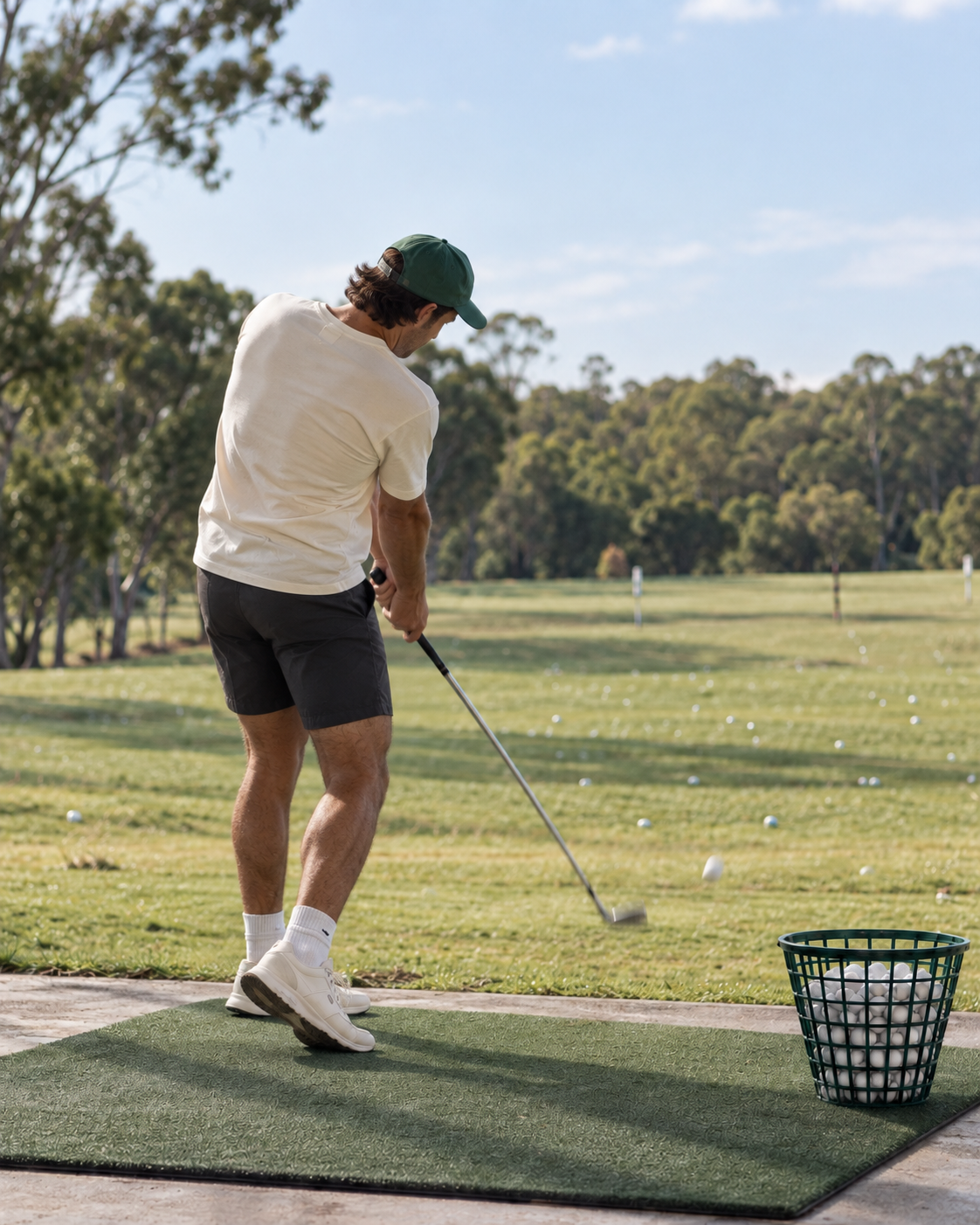 A man practicing golf at a driving range, preparing to hit a golf ball with a club next to a basket of golf balls on a mat.