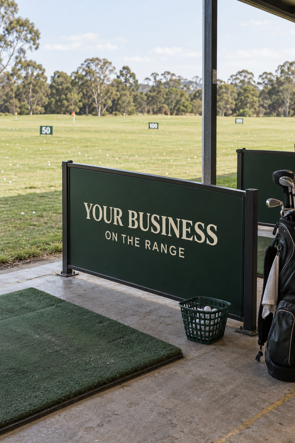 Golf driving range with distance markers 50, 100, and 150 yards; golf balls scattered on the grass; golf clubs in a bag; sign reading 'Your Business on the Range' next to the hitting area.