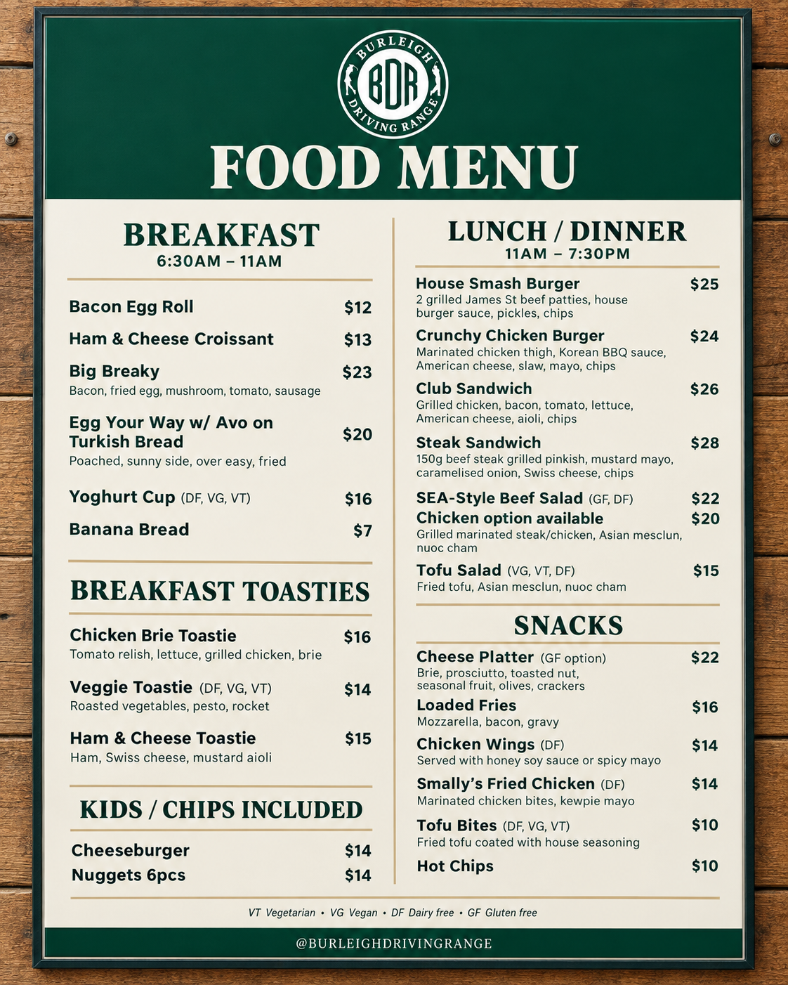 Food menu from Burleigh Driving Range with breakfast, lunch and dinner options, breakfast toasties, kids menu, and snacks.